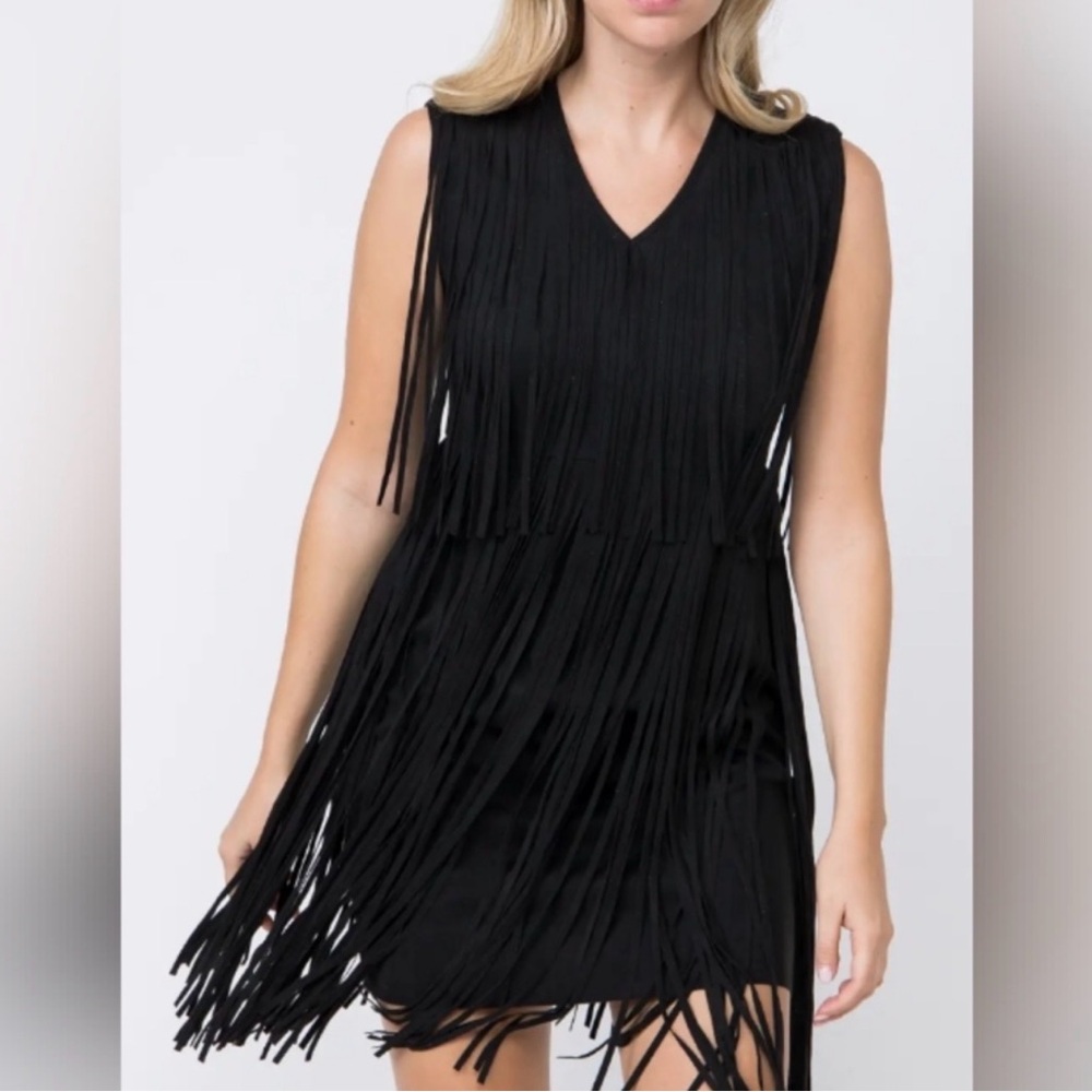 Vocal Black Fringe Suede feel Mini Dress